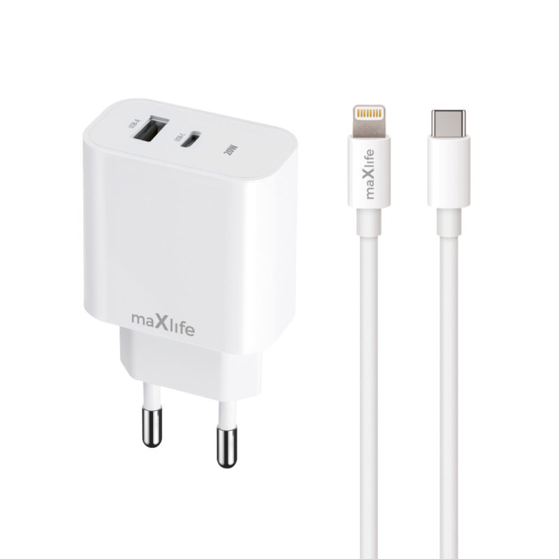 Maxlife MXTC-06-20AC PD QC charger 1x USB-C 1x USB 20W white + USB-C - Lightning cable 20W