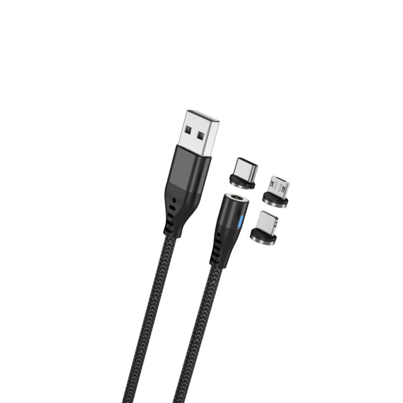 Maxlife MXUC-02 magnetic cable USB - Lightning + USB-C + microUSB 1,0 m 2A black nylon