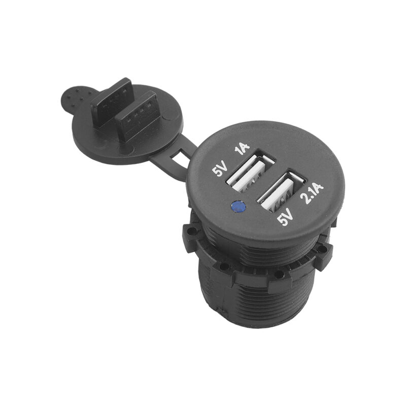 Recessed car charger with lid out: USB-A 5V/2,1A + USB-A 5v/1A, in:12V/24V