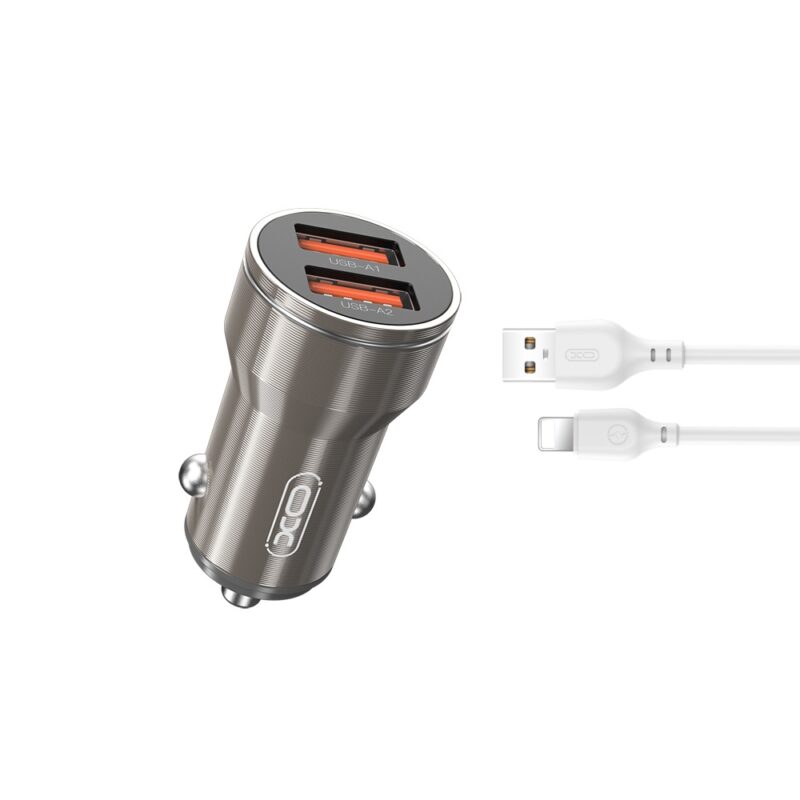 XO car charger CC48 2x USB 2,4A gray + Lightning cable