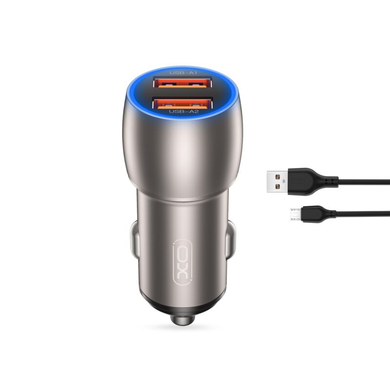 XO car charger CC52 QC 36W 2x USB gray + microUSB cable