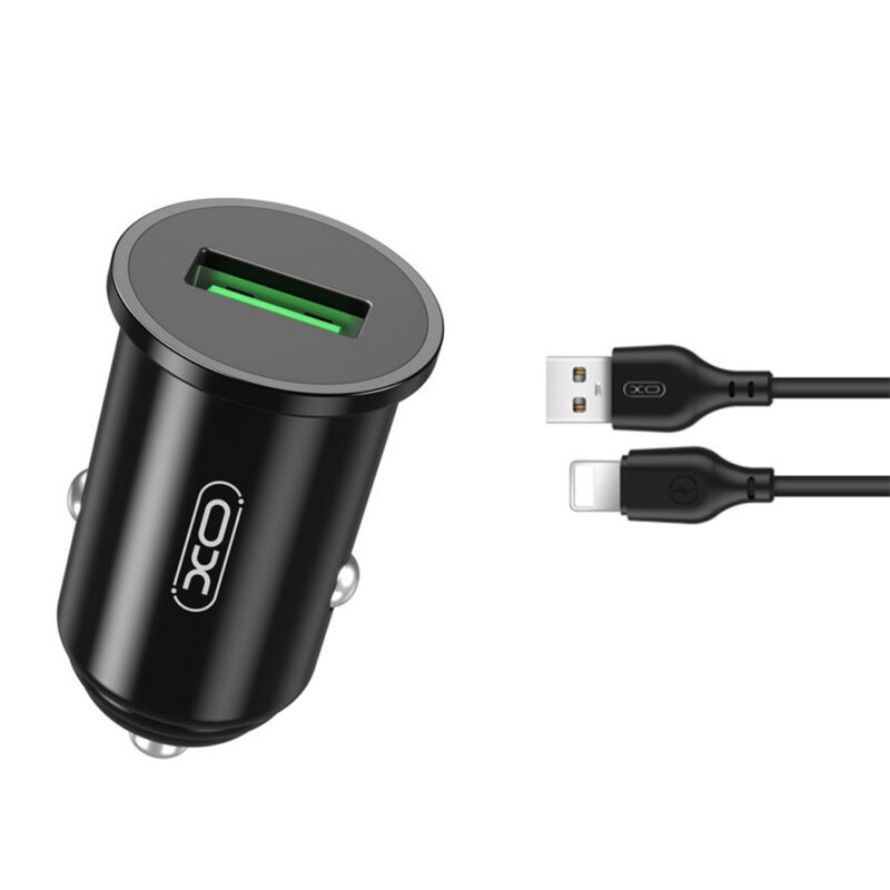 XO car charger TZ12 QC 3.0 18W 1x USB black + Lightning cable