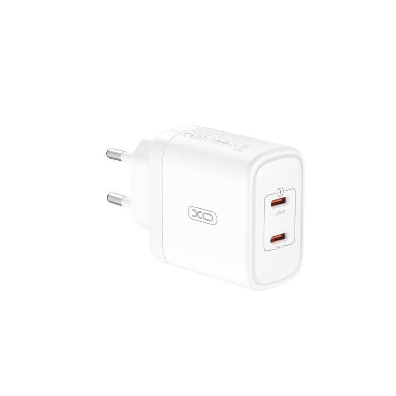 XO wall charger CE08 PD 50W 2x USB-C white + USB-C - Lightning cable - Bild 3