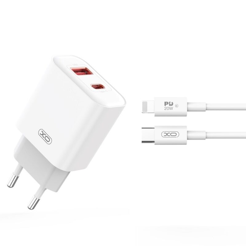 XO wall charger CE12 PD QC3.0 20W 1x USB 1x USB-C white + USB-C - Lightning cable