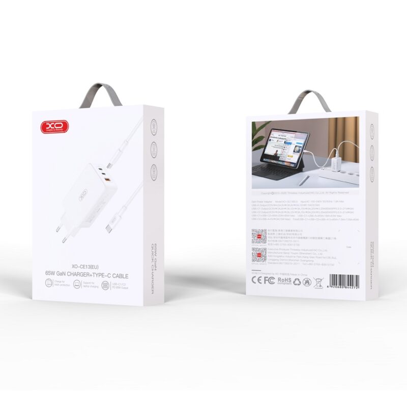 XO wall charger CE13 PD QC 3.0 65W 1x USB 2x USB-C white + USB-C - USB-C cable - Bild 6