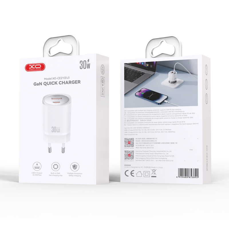 XO wall charger CE21 PD 30W 1x USB-C 1x USB white - Bild 4