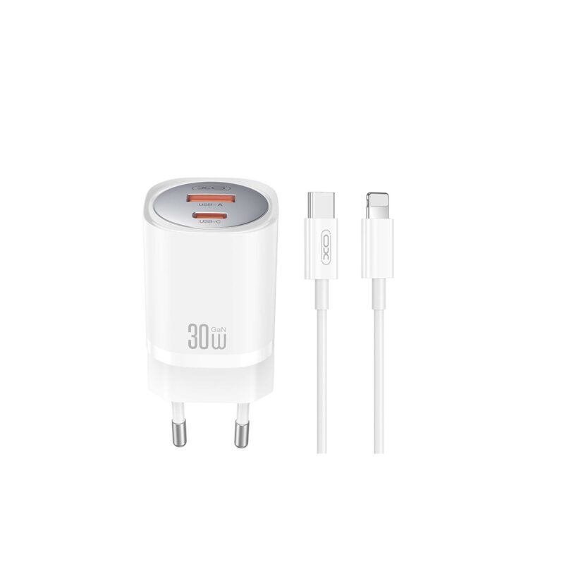 XO wall charger CE21 PD 30W 1x USB-C 1x USB white + cable USB-C - Lightning