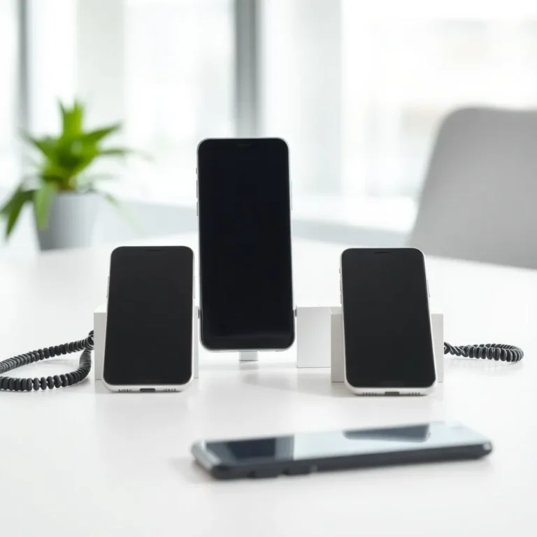 Tre smartphones på ett skrivbord för företag