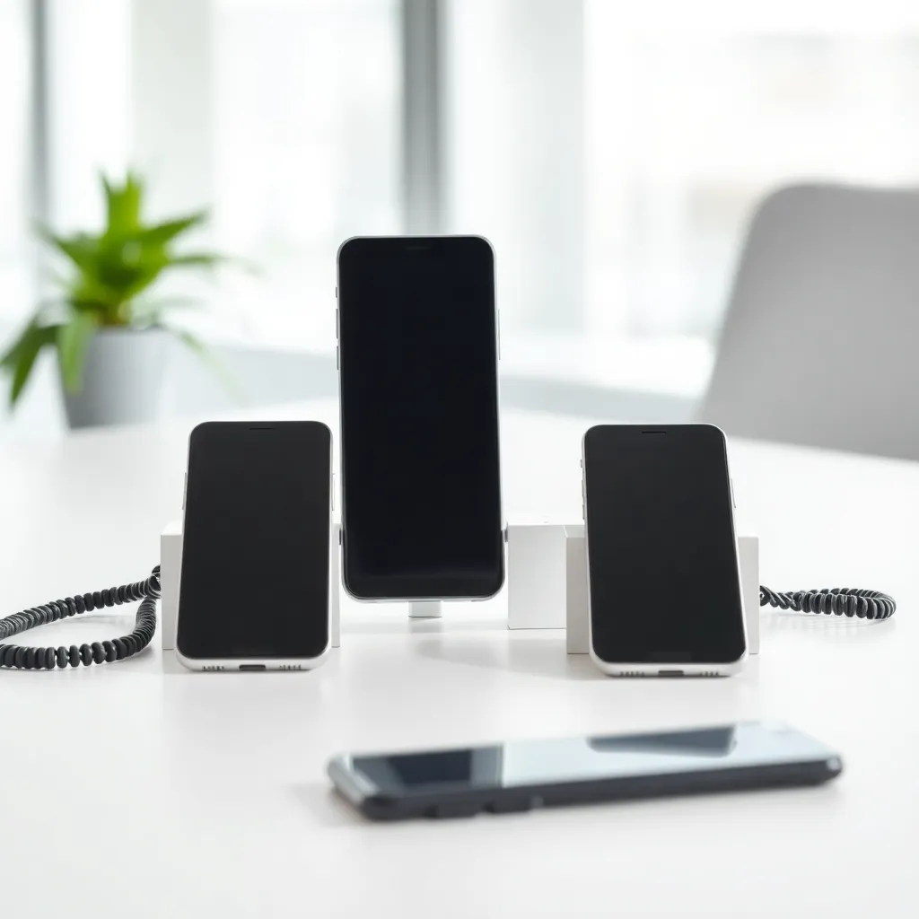 Tre smartphones på ett skrivbord för företag