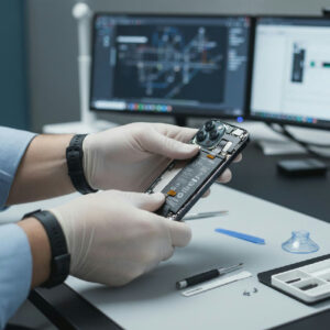 iPhone 15 Pro som kontrolleras för batterihälsa och laddning