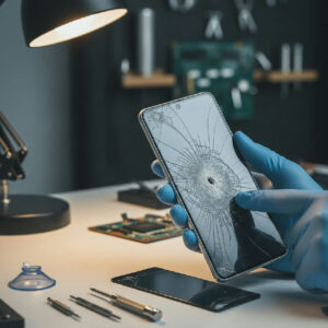 Samsung med sprucken skärm som kontrolleras före reparation