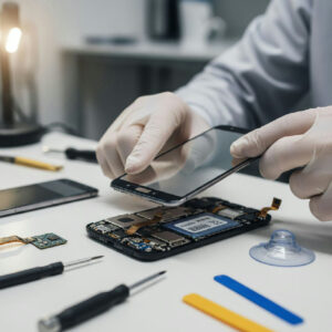 Sprucken smartphone-skärm som behöver kontrolleras före reparation