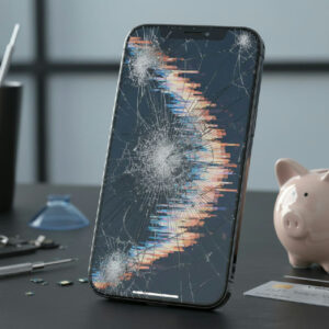 iPhone med sprucken skärm som kontrolleras före reparation