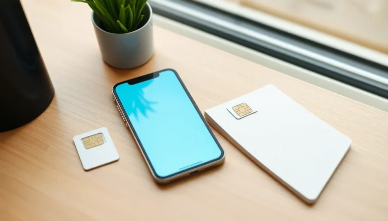 iPhone med SIM-kort och abonnemangsval på ett ljust skrivbord