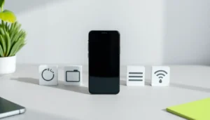 Smartphone med symboler för batteri, lagring och nät inför en kravprofil
