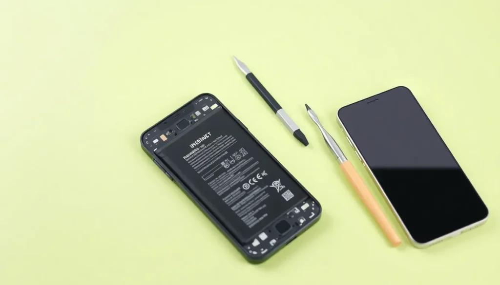 Öppnad smartphone med batteri och verktyg inför batteribyte