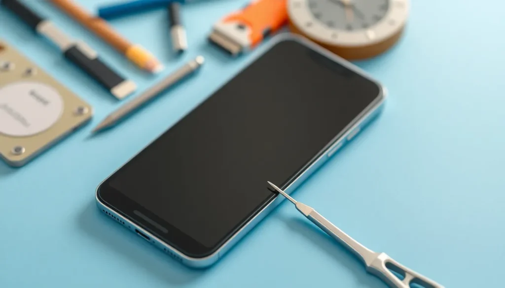 Smartphone med skärm och reparationsverktyg