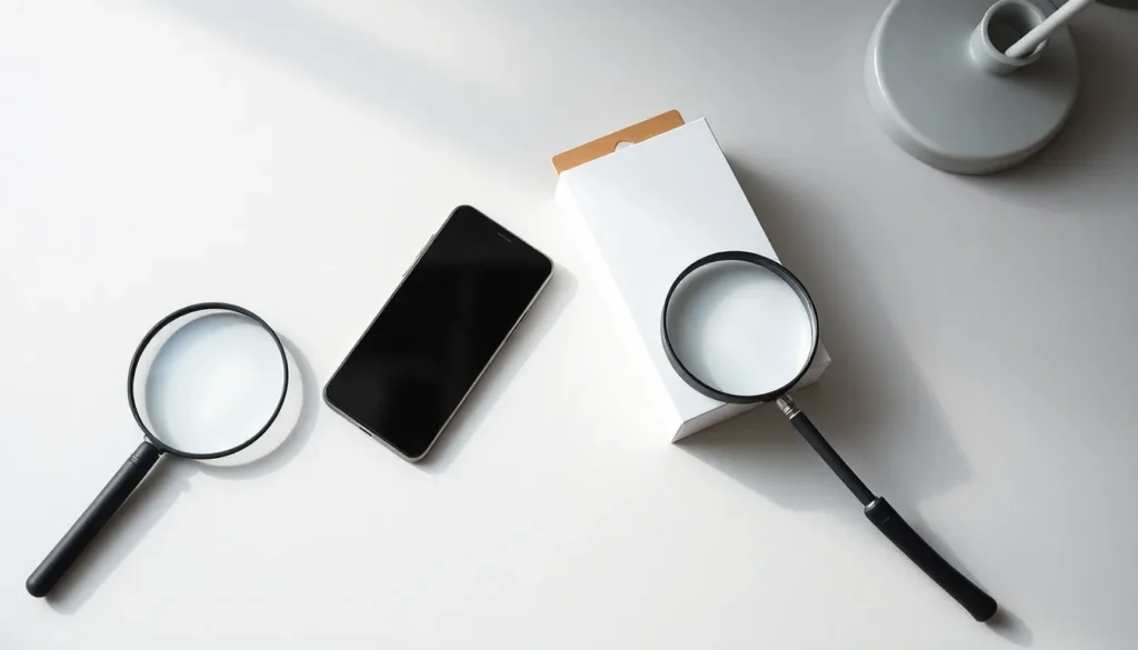 Galaxy S25, skärmskyddsförpackning och förstoringsglas inför kontroll av säljaren