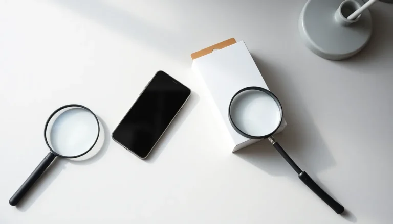 Galaxy S25, skärmskyddsförpackning och förstoringsglas inför kontroll av säljaren