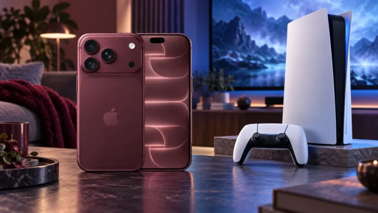 Burgundy iPhone 18 bredvid spelkonsol och handkontroll i ett vardagsrum