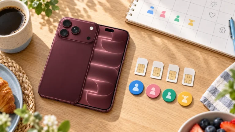 Burgundy iPhone 18 med fyra SIM-kort och fyra färgkodade familjesymboler