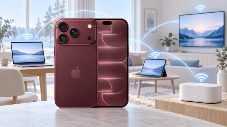 Burgundy iPhone 18 i ett hem med router, dator, surfplatta och TV anslutna