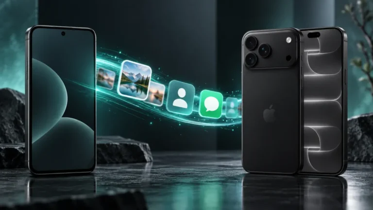 Svart iPhone 18 tar emot bilder, kontakter och meddelanden från en äldre telefon