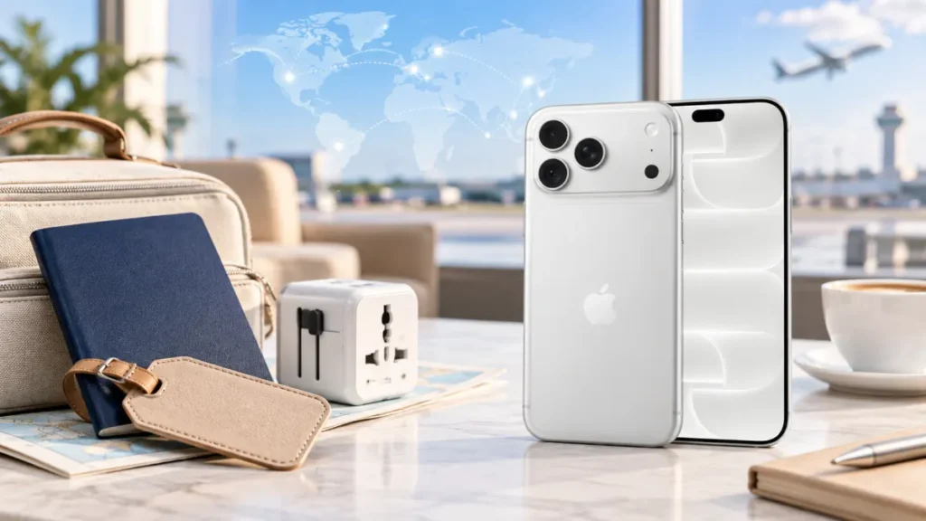 Vit iPhone 18 med reseadapter, bagage och en diskret världskarta