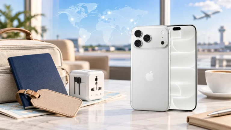Vit iPhone 18 med reseadapter, bagage och en diskret världskarta