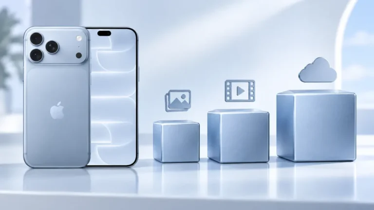 Blå iPhone 18 bredvid tre lagringskuber i stigande storlek