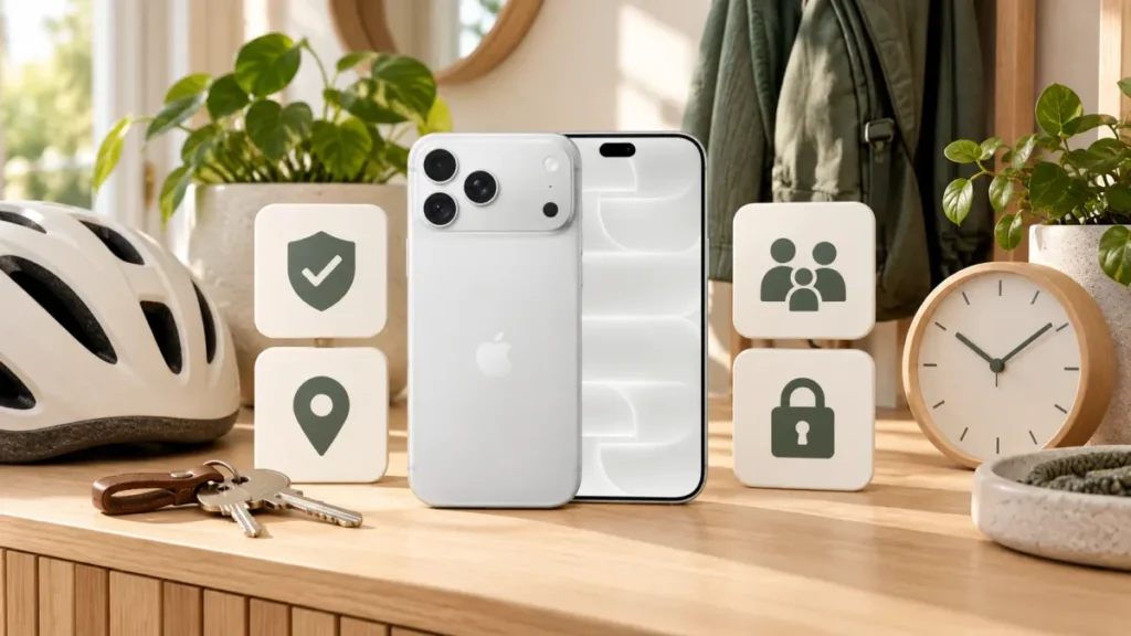 Vit iPhone 18 med nycklar, cykelhjälm, klocka och säkerhetssymboler