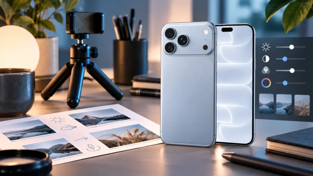 Blå iPhone 18 på ett kreativt skrivbord med stativ, ljus och bildurval
