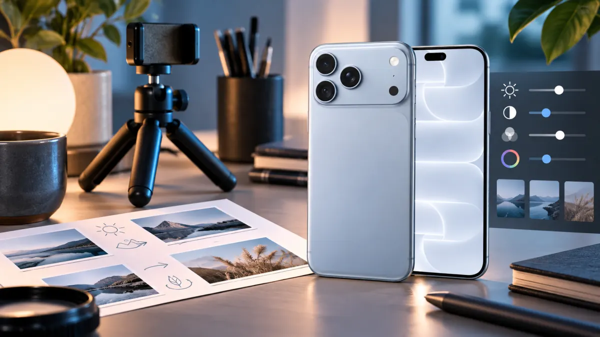 Blå iPhone 18 på ett kreativt skrivbord med stativ, ljus och bildurval