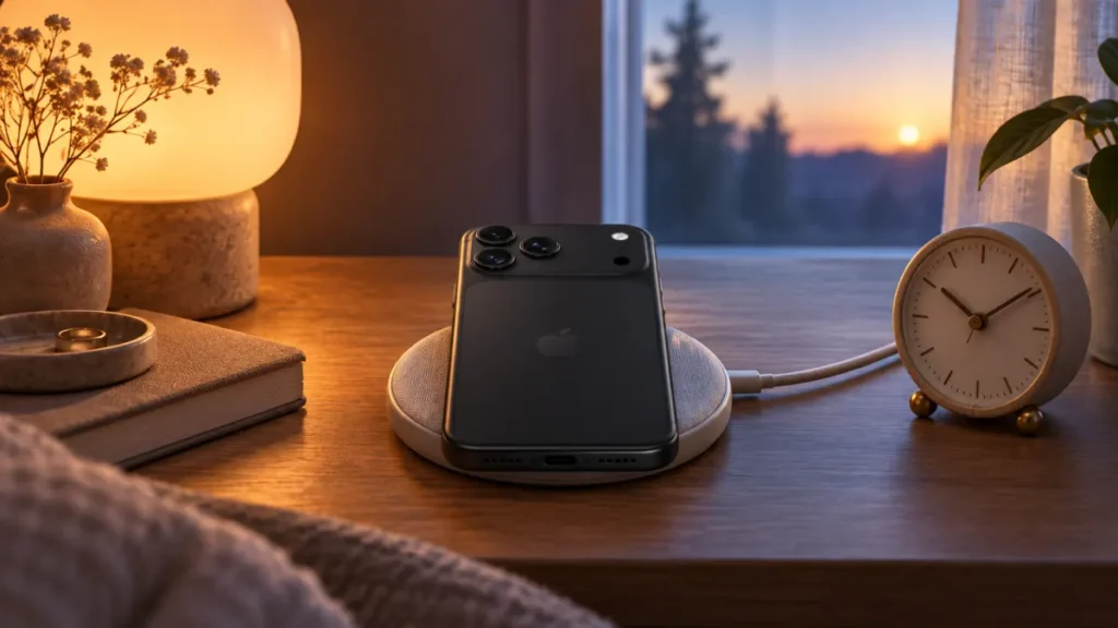 Svart iPhone 18 på en trådlös laddare bredvid en analog klocka