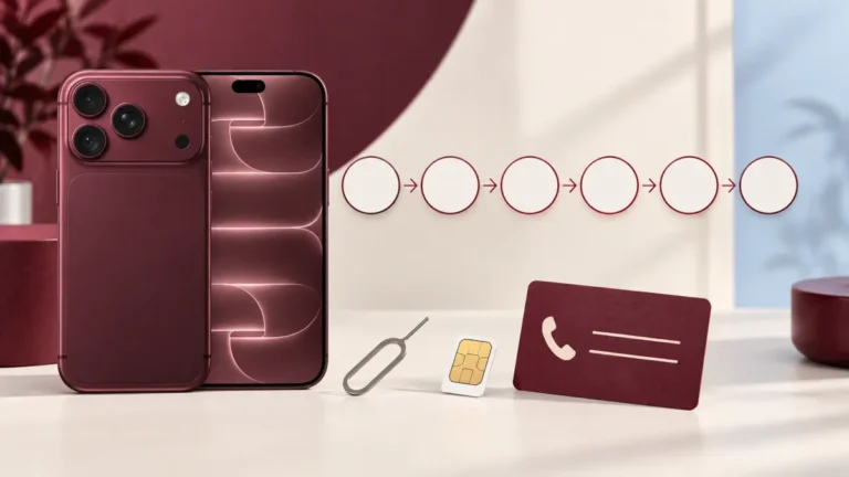 Burgundy iPhone 18 med SIM-kort, SIM-verktyg och en sexstegsprocess