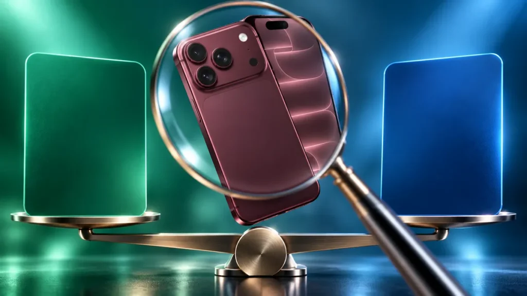 iPhone 18 granskas med förstoringsglas mellan två erbjudandealternativ