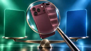 iPhone 18 granskas med förstoringsglas mellan två erbjudandealternativ