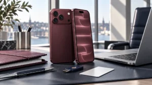 iPhone 18 på ett modernt företagsbord med dator, säkerhetsnyckel och dokument