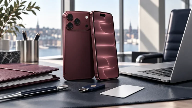 iPhone 18 på ett modernt företagsbord med dator, säkerhetsnyckel och dokument