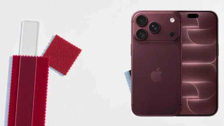 iPhone 18 framifrån och bakifrån med materialprover för val av mobilskal