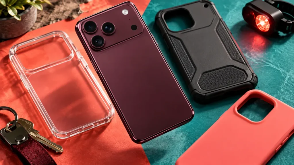 iPhone 18 med transparent, tåligt och färgat mobilskal samt vardagsföremål