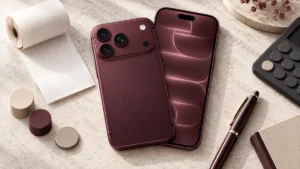 iPhone 18 bredvid kvitto, kostnadsmarkörer och kalkylator på ett skrivbord