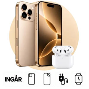 iPhone 18 Pro (256 GB) med AirPods 4. Skal, skärmskydd, laddare, Bluetooth hörlurar och smartwatch ingår.