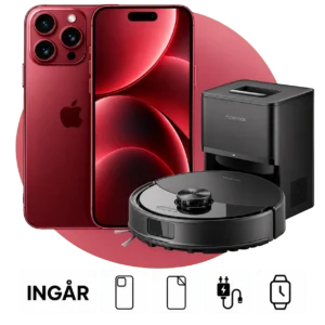 iPhone 18 Pro (256 GB) med Roborock Q10V+. Skal, skärmskydd, laddare, Bluetooth hörlurar och smartwatch ingår.
