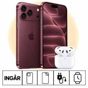 iPhone 18 Pro Max i Bourgogne med PlayStation 5 Digital och inkluderade tillbehör.