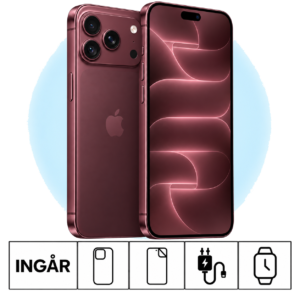 iPhone 18 Pro i Bourgogne med fram- och baksida, blå cirkel och inkluderade tillbehör.