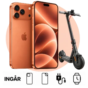 iPhone 18 Pro Max (256 GB) med Xiaomi Scooter 4 Lite (2nd Gen). Skal, skärmskydd, laddare och smartwatch ingår.
