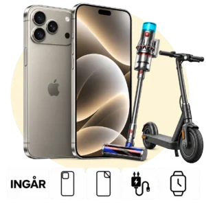 iPhone 18 Pro Max (256 GB) med Dyson V12 eller Xiaomi Scooter 5. Skal, skärmskydd, laddare och smartwatch ingår.