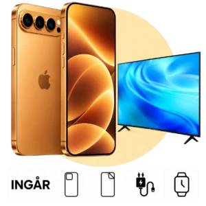 iPhone 18 Pro Max (256 GB) med Samsung TV 55 tum. Skal, skärmskydd, laddare och smartwatch ingår.