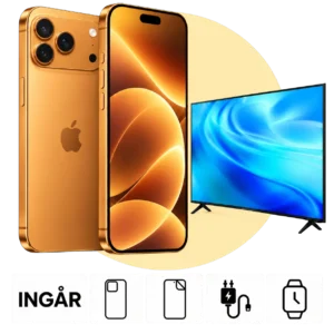 iPhone 18 Pro Max (256 GB) med Samsung TV 55 tum. Skal, skärmskydd, laddare och smartwatch ingår.